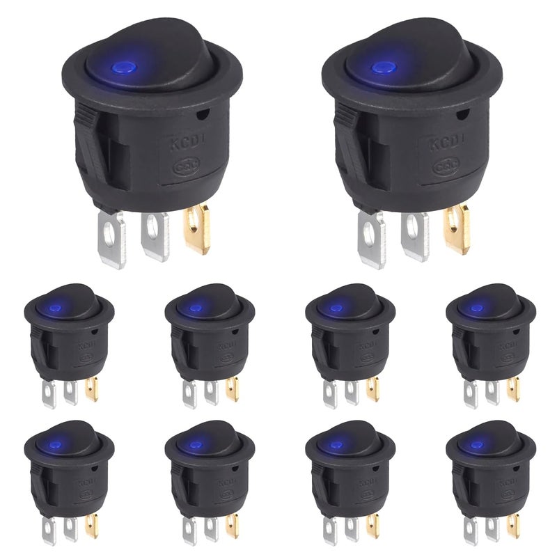 VEXUNGA Lighted Round Rocker Switch 250V 6A 125V 10A AC Blue LED Light Circle Rocker Switches On Off 3 Pin KCD1 Round Toggle Switch for Car Truck (Pack of 10pcs) - Image 1